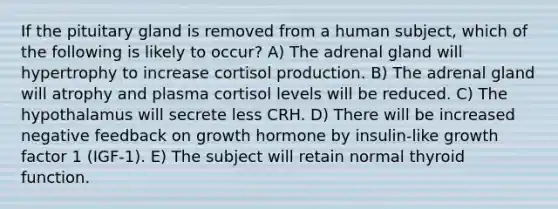 If the pituitary gland is removed from a human subject, which of the following is likely to occur? A) The adrenal gland will hypertrophy to increase cortisol production. B) The adrenal gland will atrophy and plasma cortisol levels will be reduced. C) The hypothalamus will secrete less CRH. D) There will be increased negative feedback on growth hormone by insulin-like growth factor 1 (IGF-1). E) The subject will retain normal thyroid function.