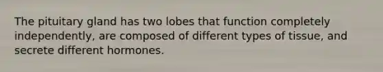 The pituitary gland has two lobes that function completely independently, are composed of different types of tissue, and secrete different hormones.