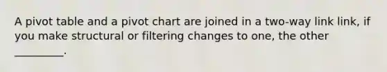 A pivot table and a pivot chart are joined in a two-way link link, if you make structural or filtering changes to one, the other _________.