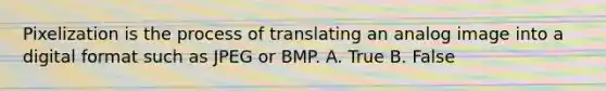 Pixelization is the process of translating an analog image into a digital format such as JPEG or BMP. A. True B. False