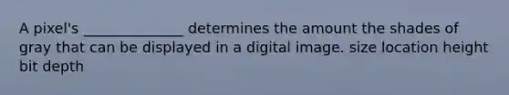 A pixel's ______________ determines the amount the shades of gray that can be displayed in a digital image. size location height bit depth