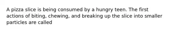 A pizza slice is being consumed by a hungry teen. The first actions of biting, chewing, and breaking up the slice into smaller particles are called