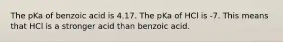 The pKa of benzoic acid is 4.17. The pKa of HCl is -7. This means that HCl is a stronger acid than benzoic acid.