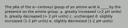 The pKa of the α−carboxyl group of an amino acid is ____ by the presence on the amine group. a. greatly increased (>2 pH units) b. greatly decreased (> 2 pH units) c. unchanged d. slightly increased (1-2 pH units) e. slightly decreased (1-2 pH units)