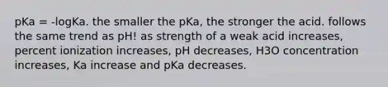 pKa = -logKa. the smaller the pKa, the stronger the acid. follows the same trend as pH! as strength of a weak acid increases, percent ionization increases, pH decreases, H3O concentration increases, Ka increase and pKa decreases.