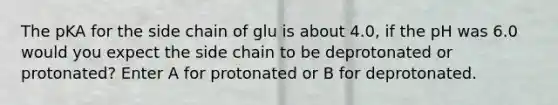 The pKA for the side chain of glu is about 4.0, if the pH was 6.0 would you expect the side chain to be deprotonated or protonated? Enter A for protonated or B for deprotonated.