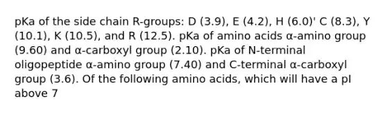 pKa of the side chain R-groups: D (3.9), E (4.2), H (6.0)' C (8.3), Y (10.1), K (10.5), and R (12.5). pKa of amino acids α-amino group (9.60) and α-carboxyl group (2.10). pKa of N-terminal oligopeptide α-amino group (7.40) and C-terminal α-carboxyl group (3.6). Of the following amino acids, which will have a pI above 7