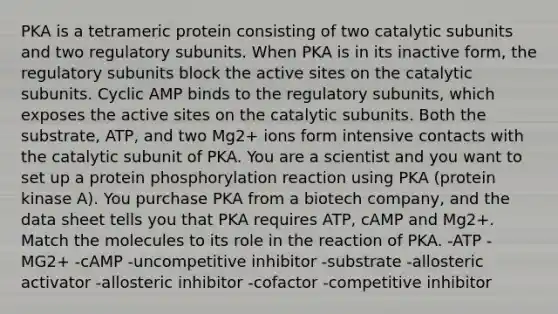 PKA is a tetrameric protein consisting of two catalytic subunits and two regulatory subunits. When PKA is in its inactive form, the regulatory subunits block the active sites on the catalytic subunits. Cyclic AMP binds to the regulatory subunits, which exposes the active sites on the catalytic subunits. Both the substrate, ATP, and two Mg2+ ions form intensive contacts with the catalytic subunit of PKA. You are a scientist and you want to set up a protein phosphorylation reaction using PKA (protein kinase A). You purchase PKA from a biotech company, and the data sheet tells you that PKA requires ATP, cAMP and Mg2+. Match the molecules to its role in the reaction of PKA. -ATP -MG2+ -cAMP -uncompetitive inhibitor -substrate -allosteric activator -allosteric inhibitor -cofactor -competitive inhibitor