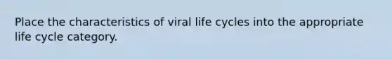 Place the characteristics of viral life cycles into the appropriate life cycle category.