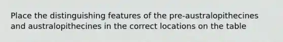 Place the distinguishing features of the pre-australopithecines and australopithecines in the correct locations on the table