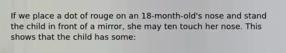 If we place a dot of rouge on an 18-month-old's nose and stand the child in front of a mirror, she may ten touch her nose. This shows that the child has some: