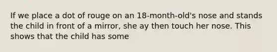 If we place a dot of rouge on an 18-month-old's nose and stands the child in front of a mirror, she ay then touch her nose. This shows that the child has some