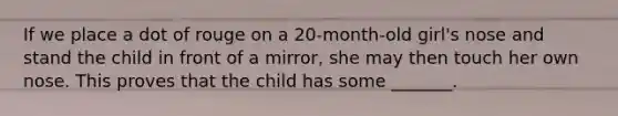 If we place a dot of rouge on a 20-month-old girl's nose and stand the child in front of a mirror, she may then touch her own nose. This proves that the child has some _______.