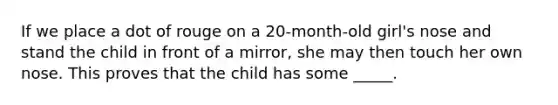 If we place a dot of rouge on a 20-month-old girl's nose and stand the child in front of a mirror, she may then touch her own nose. This proves that the child has some _____.