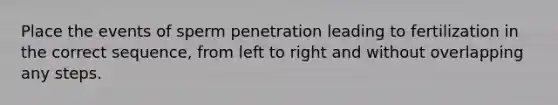 Place the events of sperm penetration leading to fertilization in the correct sequence, from left to right and without overlapping any steps.