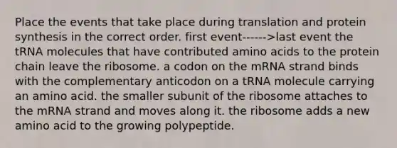 Place the events that take place during translation and <a href='https://www.questionai.com/knowledge/kVyphSdCnD-protein-synthesis' class='anchor-knowledge'>protein synthesis</a> in the correct order. first event------>last event the tRNA molecules that have contributed <a href='https://www.questionai.com/knowledge/k9gb720LCl-amino-acids' class='anchor-knowledge'>amino acids</a> to the protein chain leave the ribosome. a codon on the mRNA strand binds with the complementary anticodon on a tRNA molecule carrying an amino acid. the smaller subunit of the ribosome attaches to the mRNA strand and moves along it. the ribosome adds a new amino acid to the growing polypeptide.