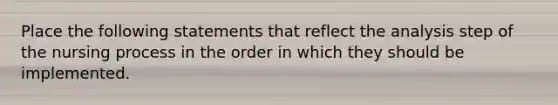 Place the following statements that reflect the analysis step of the nursing process in the order in which they should be implemented.