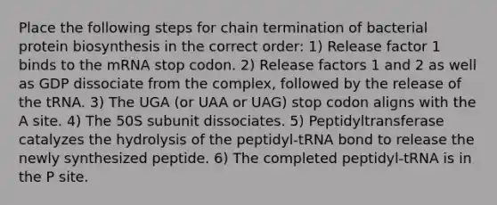 Place the following steps for chain termination of bacterial protein biosynthesis in the correct order: 1) Release factor 1 binds to the mRNA stop codon. 2) Release factors 1 and 2 as well as GDP dissociate from the complex, followed by the release of the tRNA. 3) The UGA (or UAA or UAG) stop codon aligns with the A site. 4) The 50S subunit dissociates. 5) Peptidyltransferase catalyzes the hydrolysis of the peptidyl-tRNA bond to release the newly synthesized peptide. 6) The completed peptidyl-tRNA is in the P site.