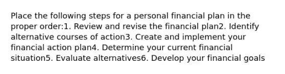 Place the following steps for a personal financial plan in the proper order:1. Review and revise the financial plan2. Identify alternative courses of action3. Create and implement your financial action plan4. Determine your current financial situation5. Evaluate alternatives6. Develop your financial goals