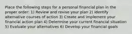 Place the following steps for a personal financial plan in the proper order: 1) Review and revise your plan 2) Identify alternative courses of action 3) Create and implement your financial action plan 4) Determine your current financial situation 5) Evaluate your alternatives 6) Develop your financial goals