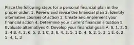 Place the following steps for a personal financial plan in the proper order: 1. Review and revise the financial plan 2. Identify alternative courses of action 3. Create and implement your financial action 4. Determine your current financial situation 5. Evaluate alternatives 6. Develop your financial goals A. 6, 1, 2, 5, 3, 4 B. 4, 2, 6, 5, 3, 1 C. 3, 6, 4, 2, 5, 1 D. 4, 6, 2, 5, 3, 1 E. 6, 2, 5, 4, 1, 3