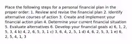 Place the following steps for a personal financial plan in the proper order: 1. Review and revise the financial plan 2. Identify alternative courses of action 3. Create and implement your financial action plan 4. Determine your current financial situation 5. Evaluate alternatives 6. Develop your financial goals a) 6, 1, 2, 5, 3, 4 b) 4, 2, 6, 5, 3, 1 c) 3, 6, 4, 2, 5, 1 d) 4, 6, 2, 5, 3, 1 e) 6, 2, 5, 4, 1, 3