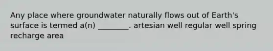 Any place where groundwater naturally flows out of Earth's surface is termed a(n) ________. artesian well regular well spring recharge area