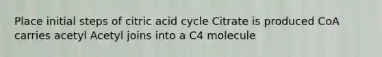 Place initial steps of citric acid cycle Citrate is produced CoA carries acetyl Acetyl joins into a C4 molecule