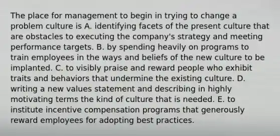 The place for management to begin in trying to change a problem culture is A. identifying facets of the present culture that are obstacles to executing the company's strategy and meeting performance targets. B. by spending heavily on programs to train employees in the ways and beliefs of the new culture to be implanted. C. to visibly praise and reward people who exhibit traits and behaviors that undermine the existing culture. D. writing a new values statement and describing in highly motivating terms the kind of culture that is needed. E. to institute incentive compensation programs that generously reward employees for adopting best practices.