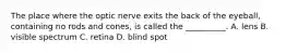 The place where the optic nerve exits the back of the eyeball, containing no rods and cones, is called the __________. A. lens B. visible spectrum C. retina D. blind spot