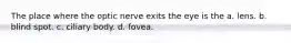 The place where the optic nerve exits the eye is the a. lens. b. blind spot. c. ciliary body. d. fovea.