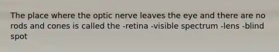 The place where the optic nerve leaves the eye and there are no rods and cones is called the -retina -visible spectrum -lens -blind spot