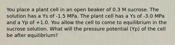 You place a plant cell in an open beaker of 0.3 M sucrose. The solution has a Ys of -1.5 MPa. The plant cell has a Ys of -3.0 MPa and a Yp of +1.0. You allow the cell to come to equilibrium in the sucrose solution. What will the pressure potential (Yp) of the cell be after equilibrium?