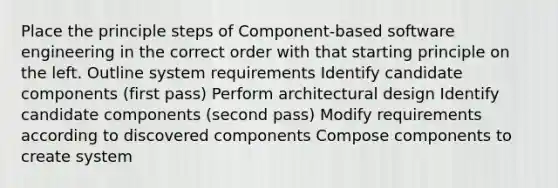 Place the principle steps of Component-based software engineering in the correct order with that starting principle on the left. Outline system requirements Identify candidate components (first pass) Perform architectural design Identify candidate components (second pass) Modify requirements according to discovered components Compose components to create system