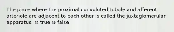 The place where the proximal convoluted tubule and afferent arteriole are adjacent to each other is called the juxtaglomerular apparatus. ⊚ true ⊚ false