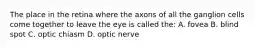 The place in the retina where the axons of all the ganglion cells come together to leave the eye is called the: A. fovea B. blind spot C. optic chiasm D. optic nerve