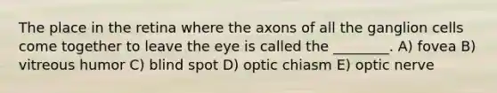 The place in the retina where the axons of all the ganglion cells come together to leave the eye is called the ________. A) fovea B) vitreous humor C) blind spot D) optic chiasm E) optic nerve