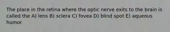 The place in the retina where the optic nerve exits to the brain is called the A) lens B) sclera C) fovea D) blind spot E) aqueous humor