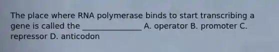 The place where RNA polymerase binds to start transcribing a gene is called the _______________ A. operator B. promoter C. repressor D. anticodon