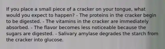 If you place a small piece of a cracker on your tongue, what would you expect to happen? - The proteins in the cracker begin to be digested. - The vitamins in the cracker are immediately absorbed. - The flavor becomes less noticeable because the sugars are digested. - Salivary amylase degrades the starch from the cracker into glucose.