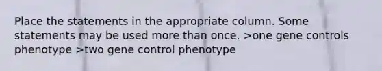 Place the statements in the appropriate column. Some statements may be used <a href='https://www.questionai.com/knowledge/keWHlEPx42-more-than' class='anchor-knowledge'>more than</a> once. >one <a href='https://www.questionai.com/knowledge/kwVcWmCQNM-gene-control' class='anchor-knowledge'>gene control</a>s phenotype >two gene control phenotype
