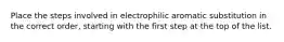 Place the steps involved in electrophilic aromatic substitution in the correct order, starting with the first step at the top of the list.