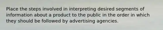 Place the steps involved in interpreting desired segments of information about a product to the public in the order in which they should be followed by advertising agencies.