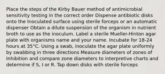 Place the steps of the Kirby Bauer method of antimicrobial sensitivity testing in the correct order Dispense antibiotic disks onto the Inoculated surface using sterile forceps or an automatic dispenser Obtain a dilute suspension of the organism in nutrient broth to use as the inoculum. Label a sterile Mueller-Hinton agar plate with organisms name and your name. Incubate for 18-24 hours at 35°C. Using a swab, inoculate the agar plate uniformly by swabbing in three directions Measure diameters of zones of Inhibition and compare zone diameters to interpretive charts and determine if S, I or R. Tap down disks with sterile forceps