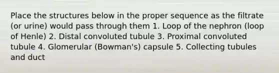 Place the structures below in the proper sequence as the filtrate (or urine) would pass through them 1. Loop of the nephron (loop of Henle) 2. Distal convoluted tubule 3. Proximal convoluted tubule 4. Glomerular (Bowman's) capsule 5. Collecting tubules and duct