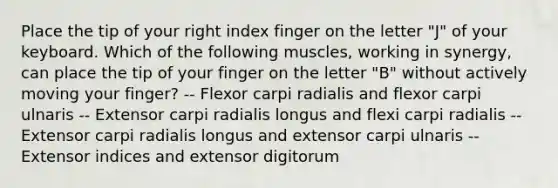 Place the tip of your right index finger on the letter "J" of your keyboard. Which of the following muscles, working in synergy, can place the tip of your finger on the letter "B" without actively moving your finger? -- Flexor carpi radialis and flexor carpi ulnaris -- Extensor carpi radialis longus and flexi carpi radialis -- Extensor carpi radialis longus and extensor carpi ulnaris -- Extensor indices and extensor digitorum