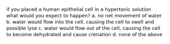 if you placed a human epithelial cell in a hypertonic solution what would you expect to happen? a. no net movement of water b. water would flow into the cell, causing the cell to swell and possible lyse c. water would flow out of the cell, causing the cell to become dehydrated and cause crenation d. none of the above