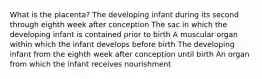 What is the placenta?​ ​The developing infant during its second through eighth week after conception The sac in which the developing infant is contained prior to birth​ ​A muscular organ within which the infant develops before birth ​The developing infant from the eighth week after conception until birth ​An organ from which the infant receives nourishment