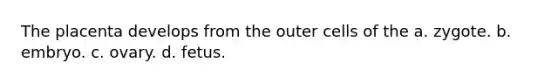 The placenta develops from the outer cells of the a. zygote. b. embryo. c. ovary. d. fetus.