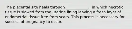 The placental site heals through ____________,, in which necrotic tissue is slowed from the uterine lining leaving a fresh layer of endometrial tissue free from scars. This process is necessary for success of pregnancy to occur.